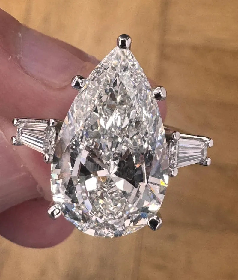 10 Carat Pear Lab-Grown Diamond Engagement Ring – Three-Stone
